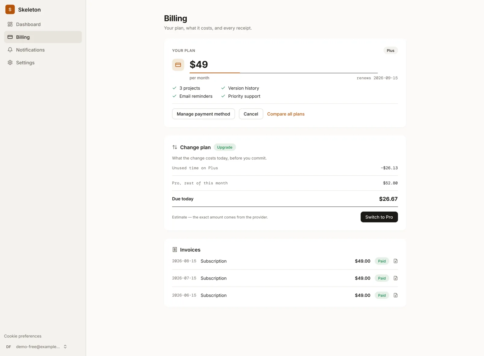 The billing page: the change-plan receipt printing its arithmetic, invoices below