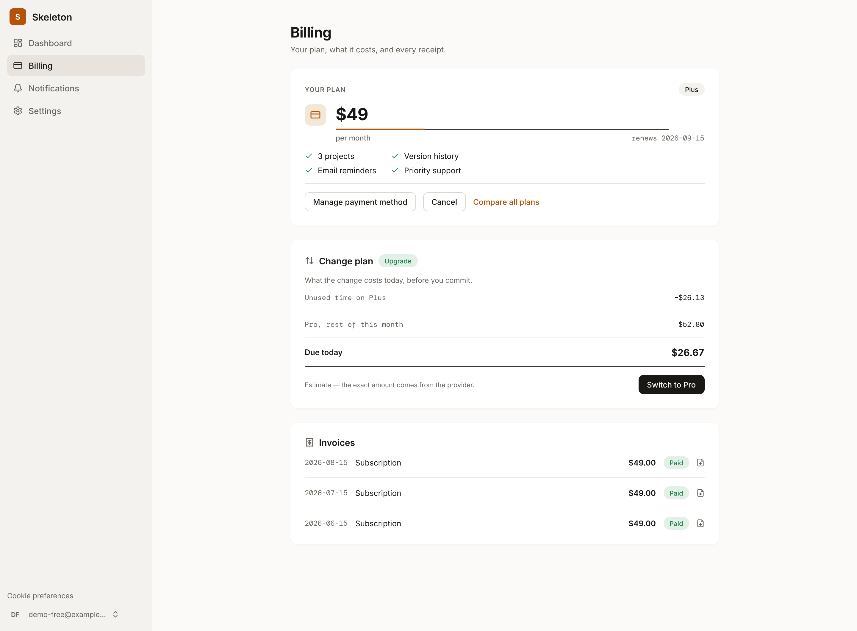 The billing page: the change-plan receipt printing its arithmetic, invoices below