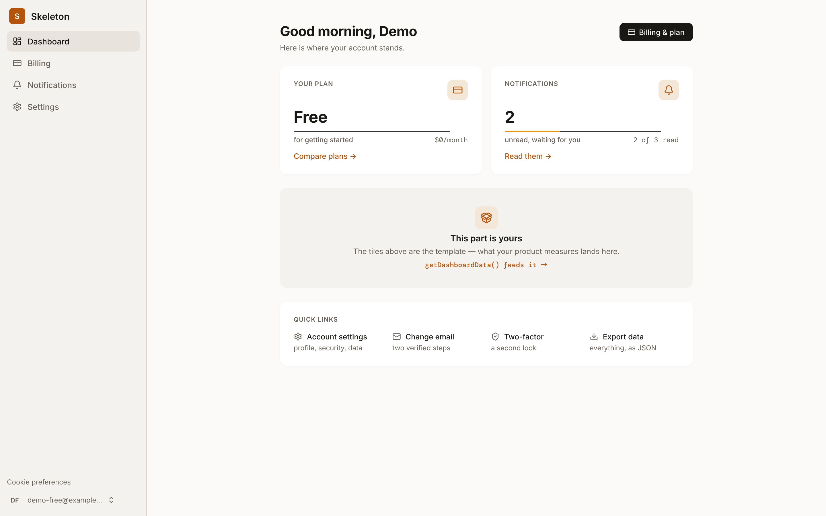 The Skeleton dashboard: plan and notification registers above the reserved slot